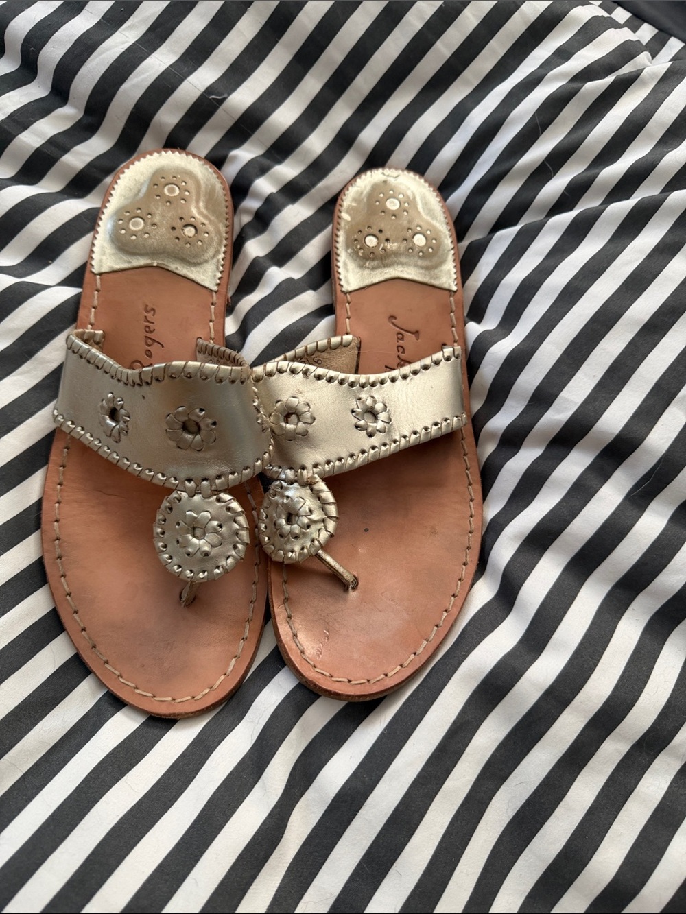 Jack Rogers Silver Whipstitch Medallion Leather Sandals